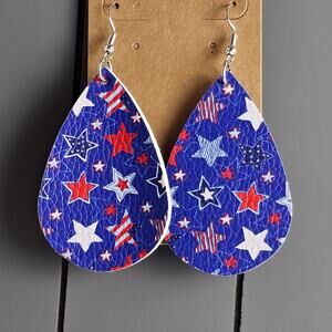 USA Flag Star Earrings Faux Leather Red White Blue Teardrop Dangle July 4th